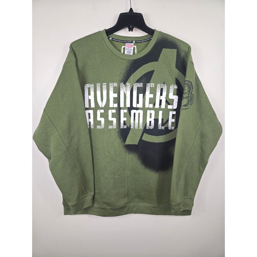 Marvel Avengers Assemble Sweatshirt Mens XL Olive Green Black Panther Patch NEW